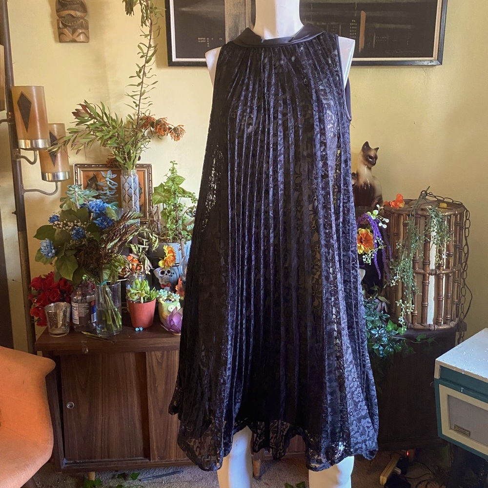 Vintage ladies black lace trapeze tent a line flowing mod gothic pleated dress